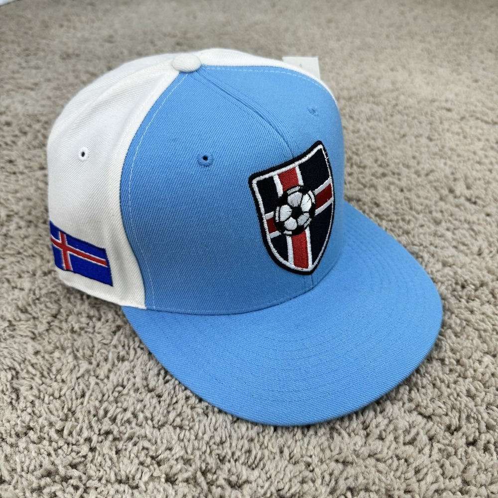 Iceland National Soccer Hat Fitted 7 1/4 Blue‎ White Team Shield Side Patch Cap
